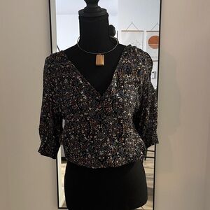 Reitmans Floral V-Neck Blouse - Black and Blue